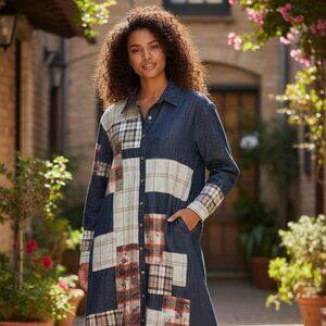 Origami Long Denim Patchwork Duster Medium With Pockets & Patches Jacket